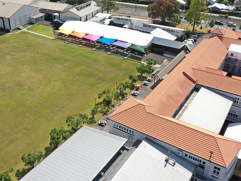 Whangarei Girls High School as seen from the drone applying moss, mould and lichen treatments